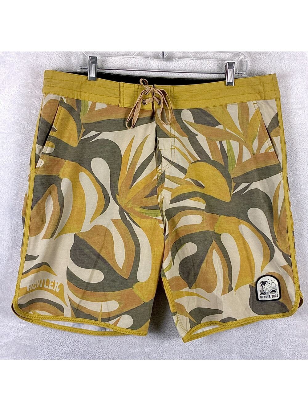Howler Bros Board Shorts Mens 38 Yellow Palm AOP Bruja Stretch Beach Surf Pool